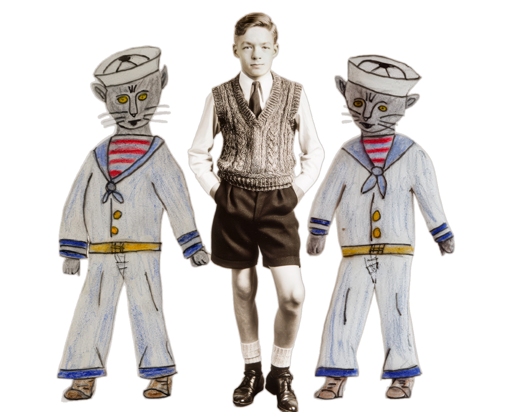 Boy and two hand-drawn sailor cats